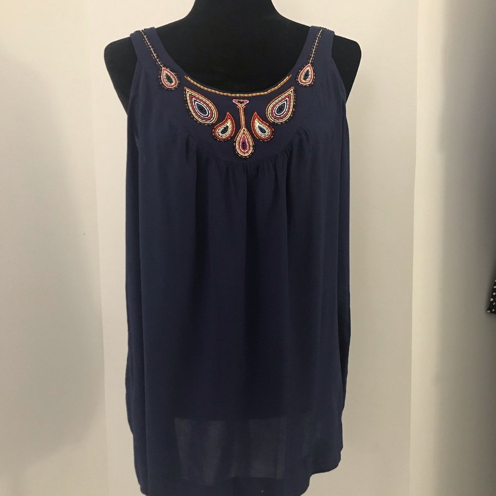 Sleeveless Navy Embroidered Neck Blouse